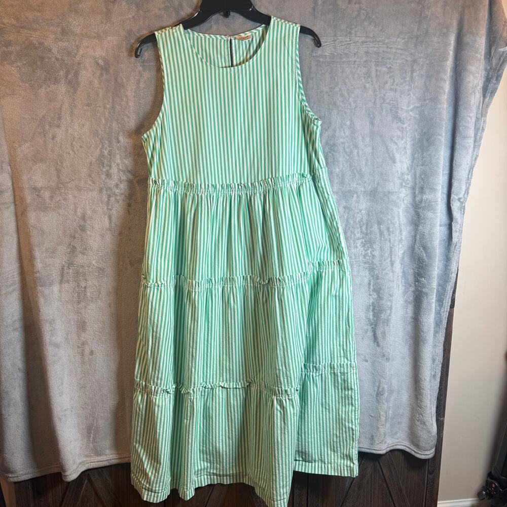 J.Crew Green White Striped Tiered Midi Dress Size 8 Cotton Sleeveless coastal